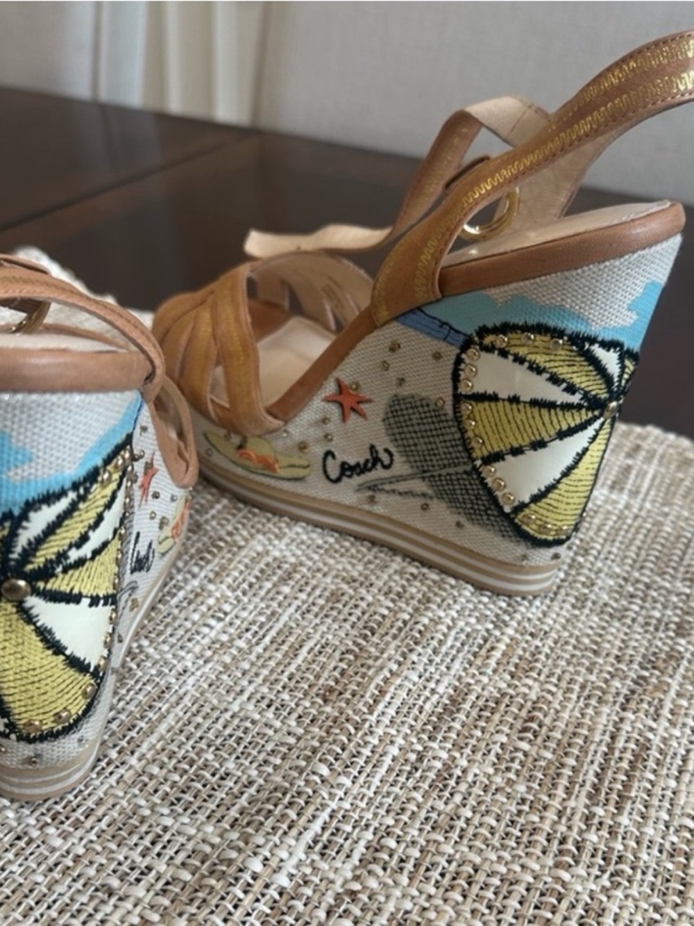 Coach Tan Leather Embroidered Wedge Sandals with Multicolor Heel - Picture 3 of 5